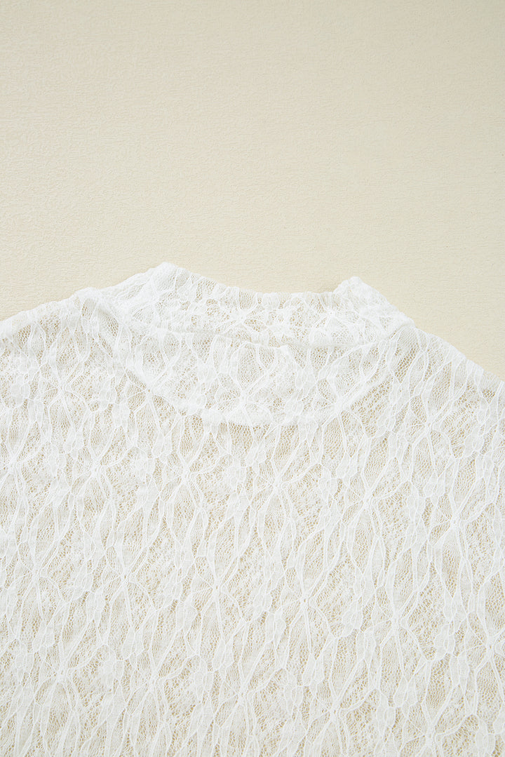 Sheer Lace Bell Sleeve Mock Neck Blouse