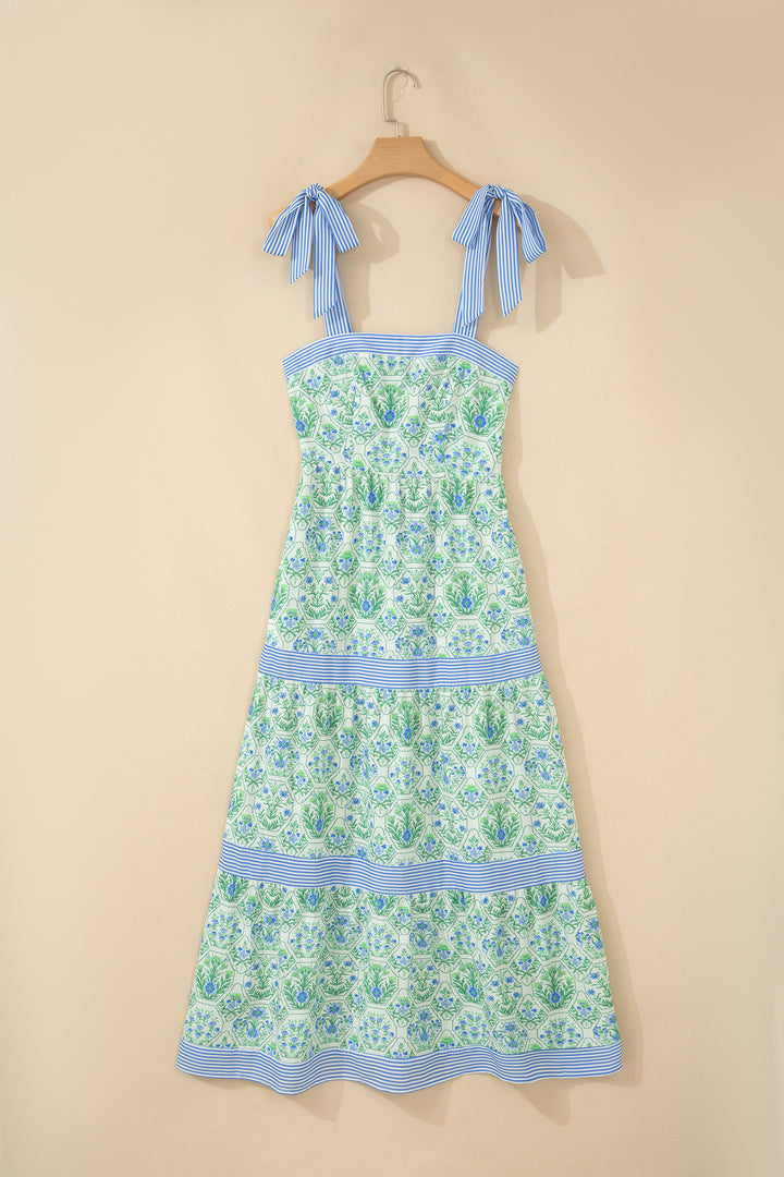 Green Geometric Floral Print Striped Sleeveless Dress（Runs Small ）