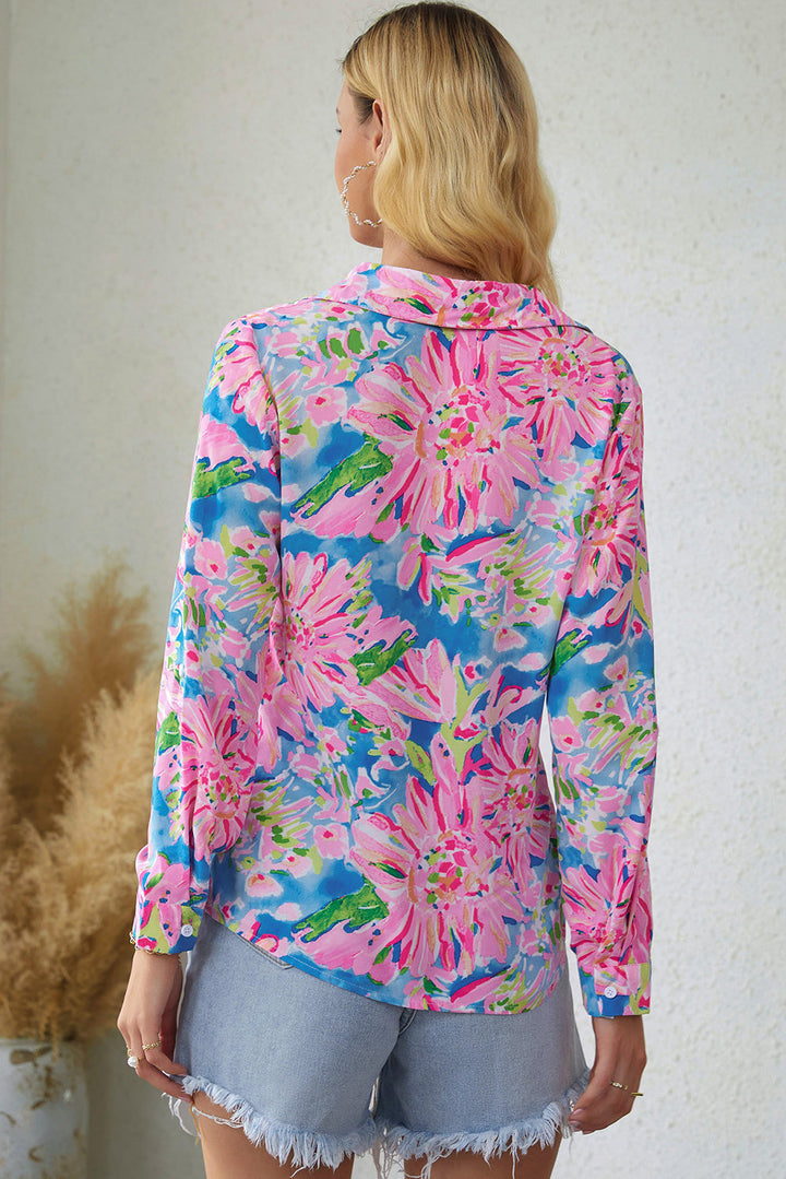 Pink Abstract Floral Print Buttoned Sheath Long Sleeve Shirt