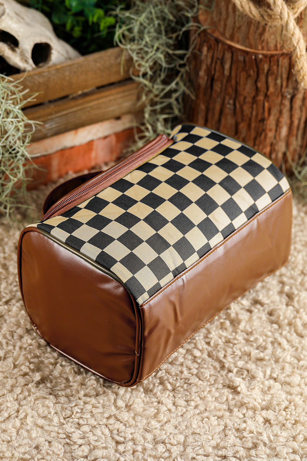 Checkered PU Leather Zipper Makeup Bag