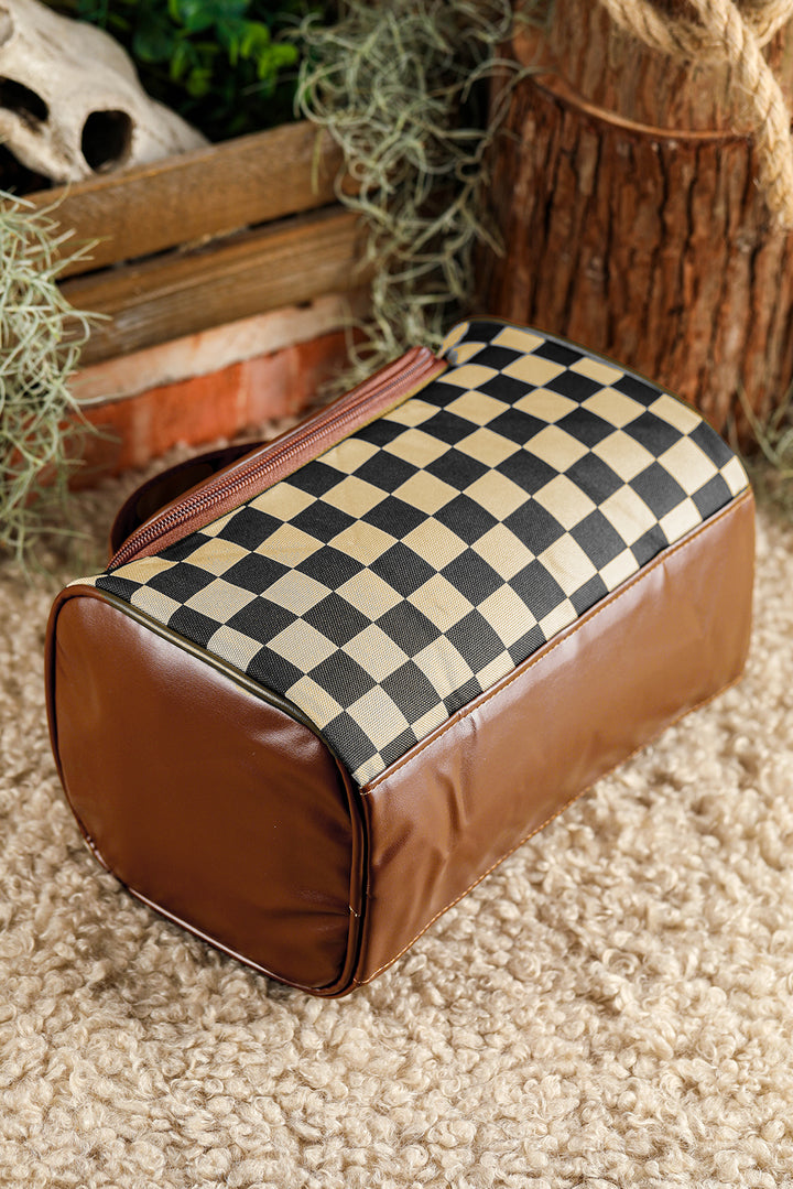 Checkered PU Leather Zipper Makeup Bag