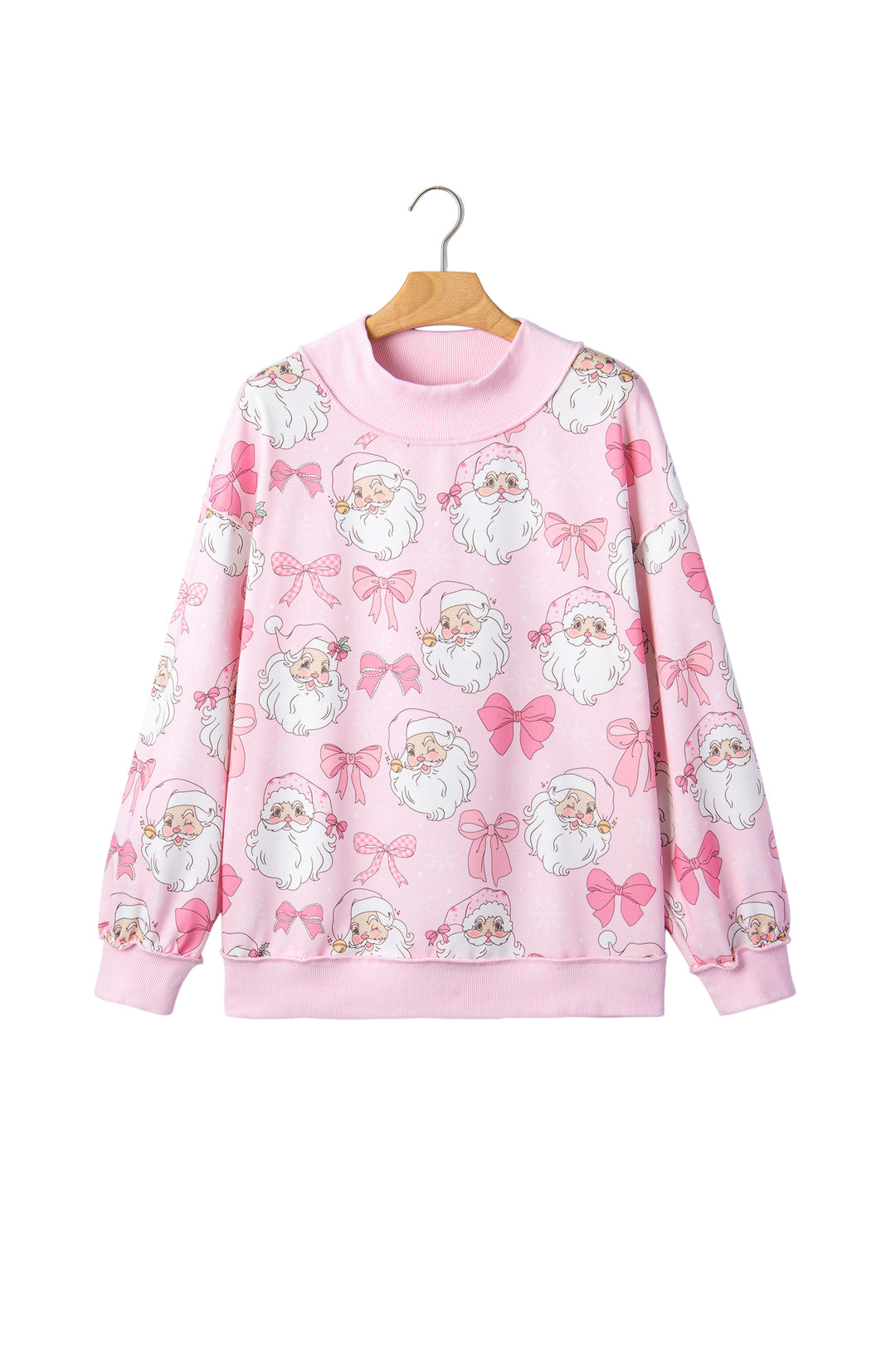 Pink Abstract Santa Print Drop Shoulder High Neck Sweatshirt