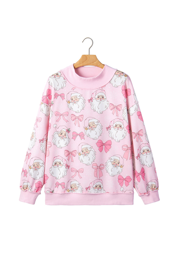 Pink Abstract Santa Print Drop Shoulder High Neck Sweatshirt