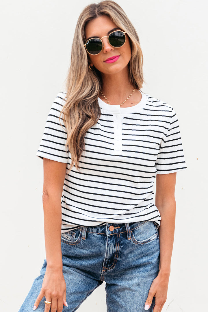 textured short sleeve buttoned henley top