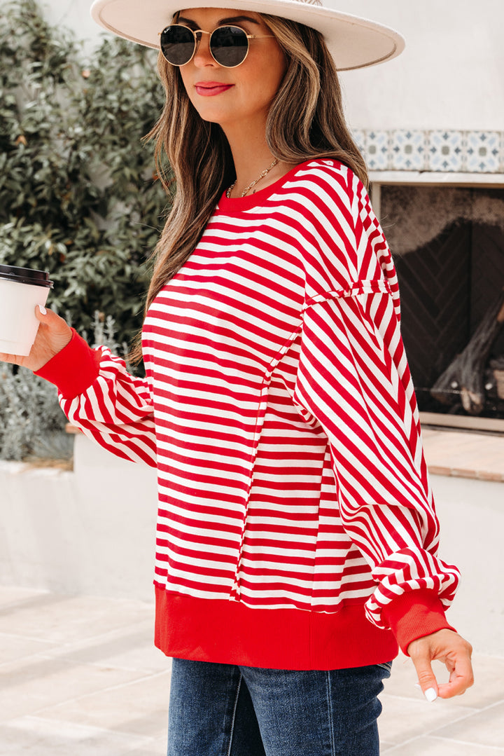 Red Stripe Exposed Seam Cotton Casual Pullover Top