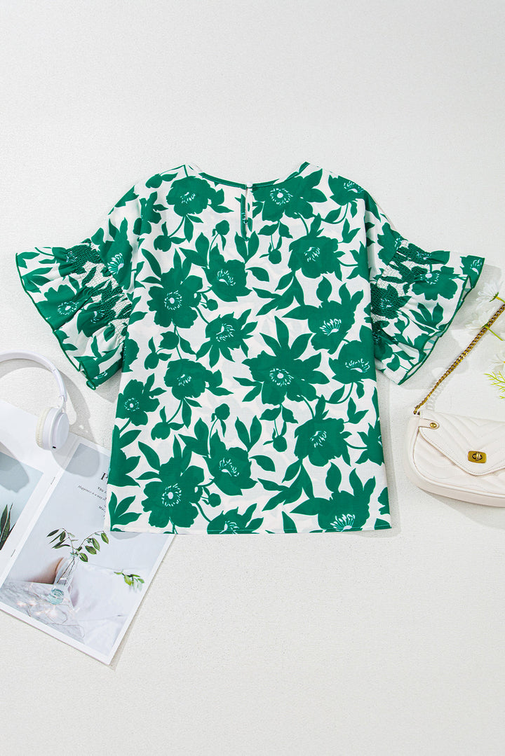 Floral Printed Ruffled Short Sleeve Round Neck Loose Blouse