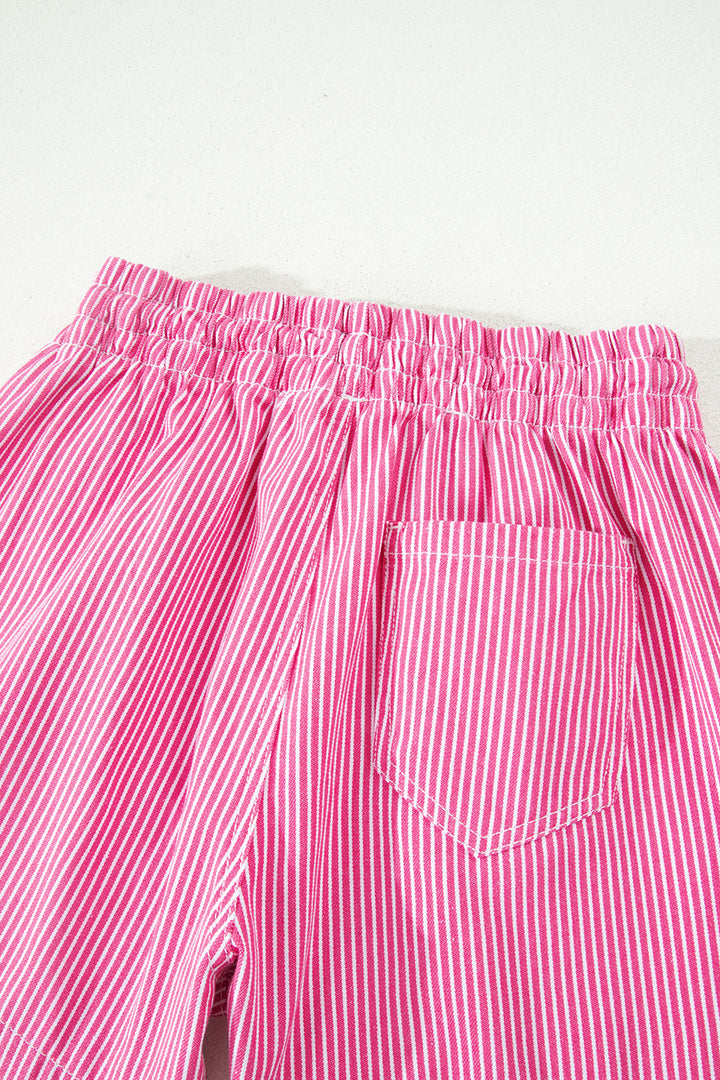 Pink Stripe Drawstring Elastic Waist Casual Denim Shorts