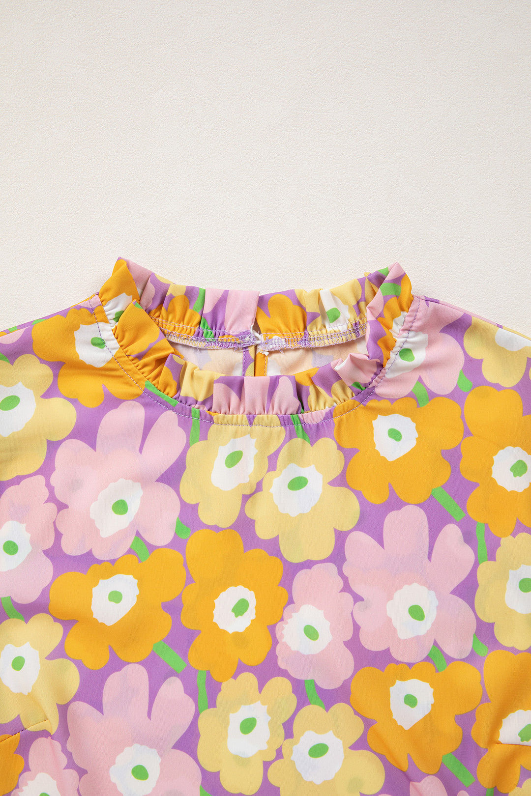 Frilled Neck Puff Short Sleeve Flower Top