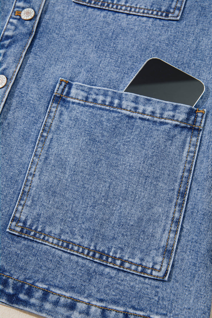 Sky Blue Patchwork Leather Collar Long Sleeve Denim Jacket