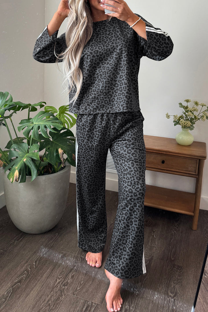 Gray Leopard Print Varsity Striped Detail 3/4 Sleeve Top Shift Pant Set