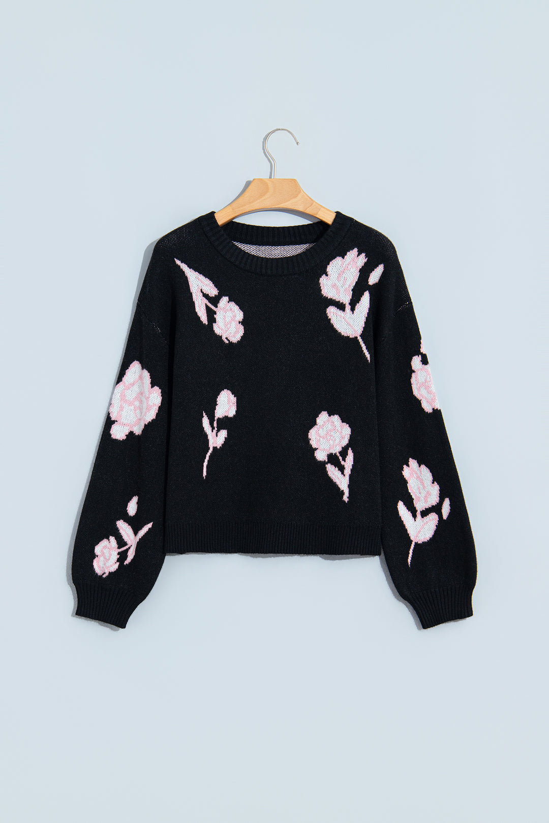 Black Floral Pattern Puff Sleeve Dropped Shoulder Pullover Sweater