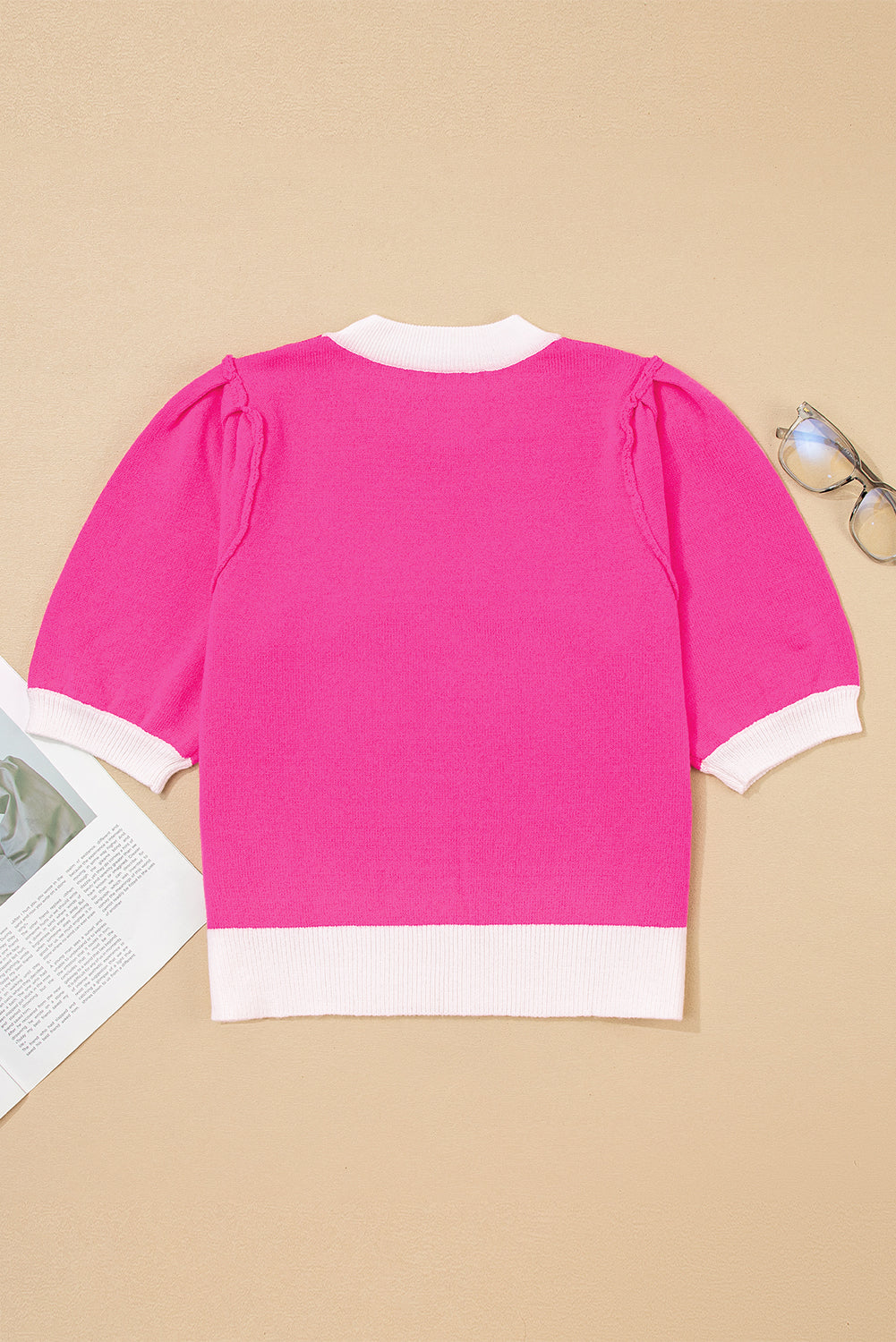 XOXO Embroidered Graphic Valentines Contrast Trim Crew Neck Short Puff Sleeve Sweater Tee