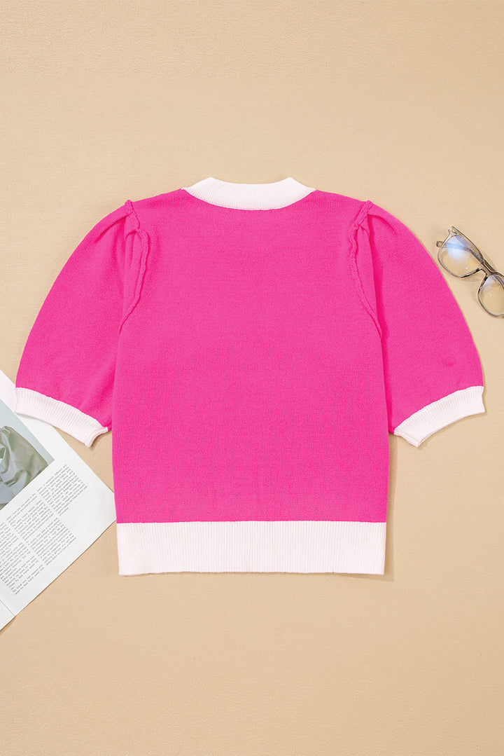 XOXO Embroidered Graphic Valentines Contrast Trim Crew Neck Short Puff Sleeve Sweater Tee