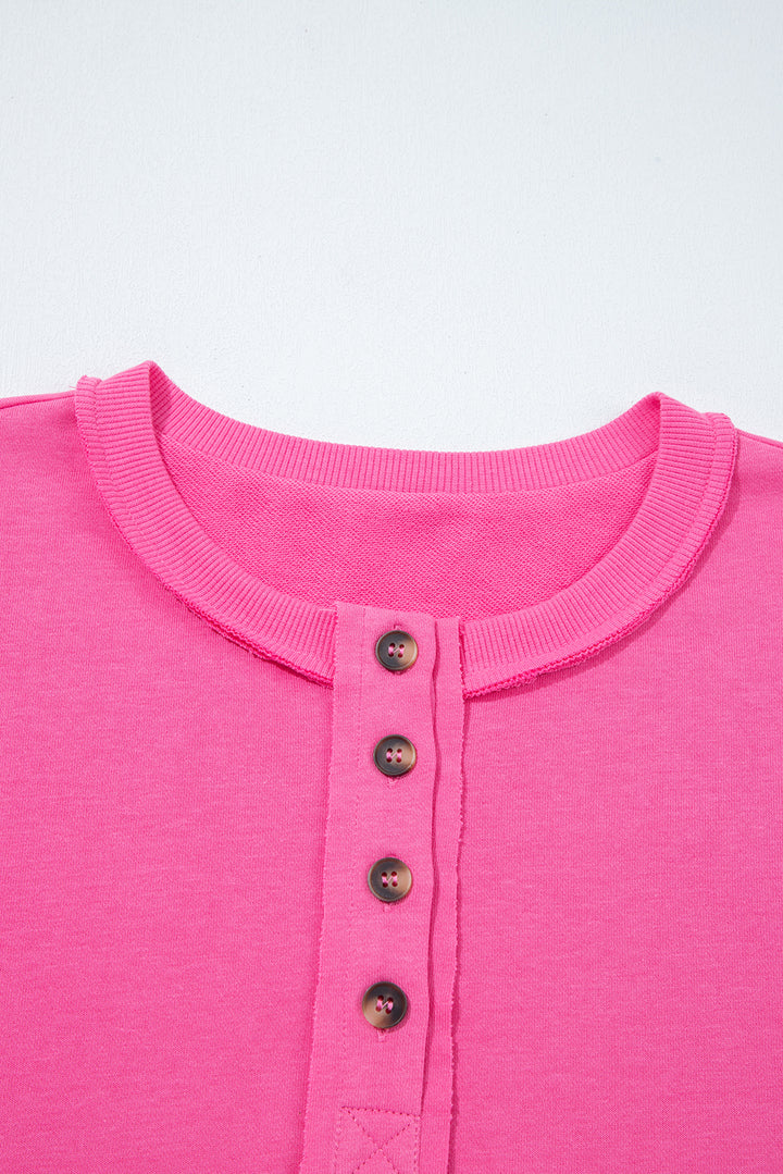 Bright Pink Raw Edge Half Buttons Pullover and Jogger Pants Set