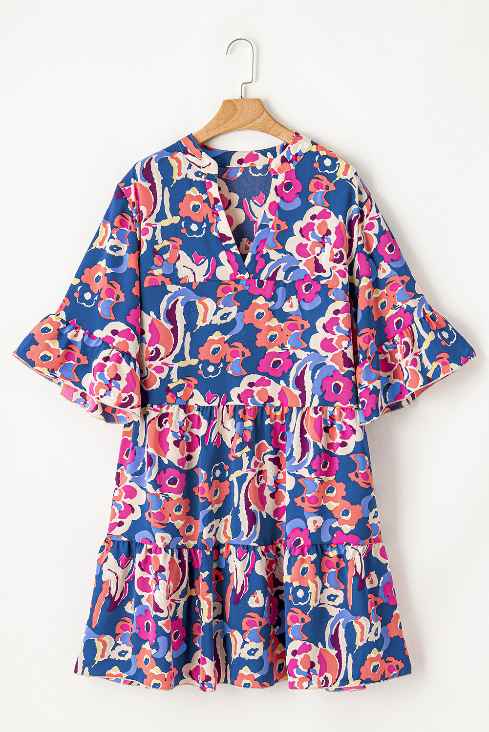 Chic Plus Size Floral Print Ruffled 3/4 Sleeve Mini Dress ModeShe Chic Plus Size Floral Print Ruffled 3/4 Sleeve Mini Dress ModeShe