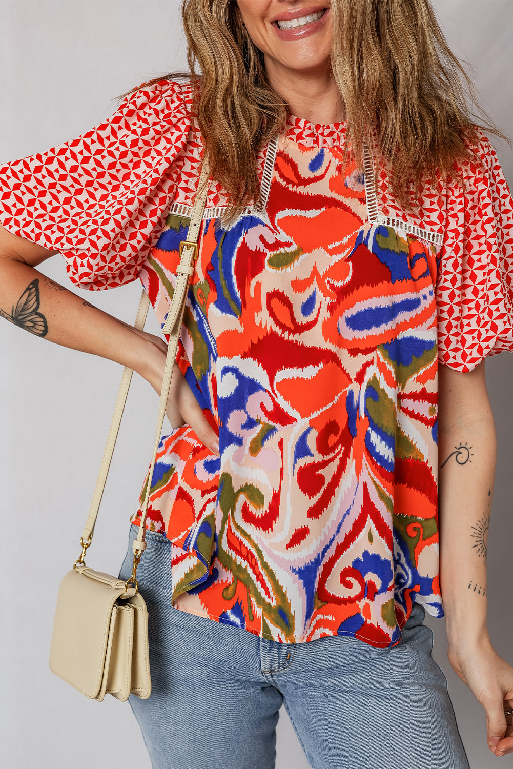 Paisley Geometric Mixed Print Patchwork Puff Sleeve Blouse Top