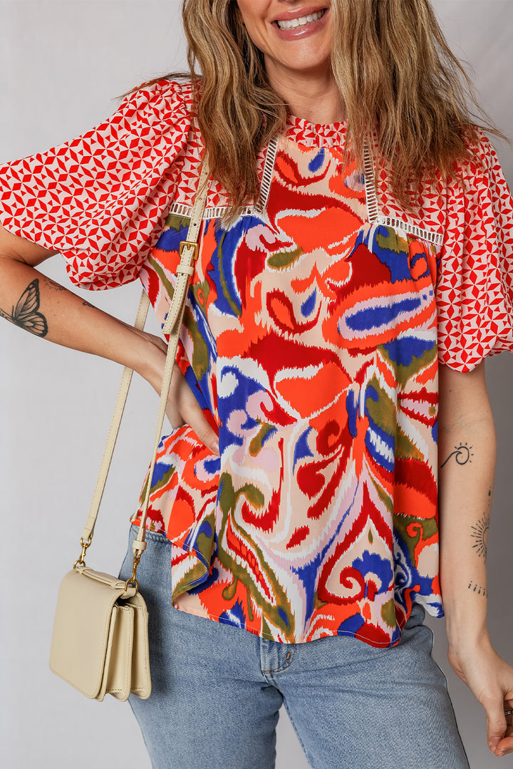 Paisley Geometric Mixed Print Patchwork Puff Sleeve Blouse Top