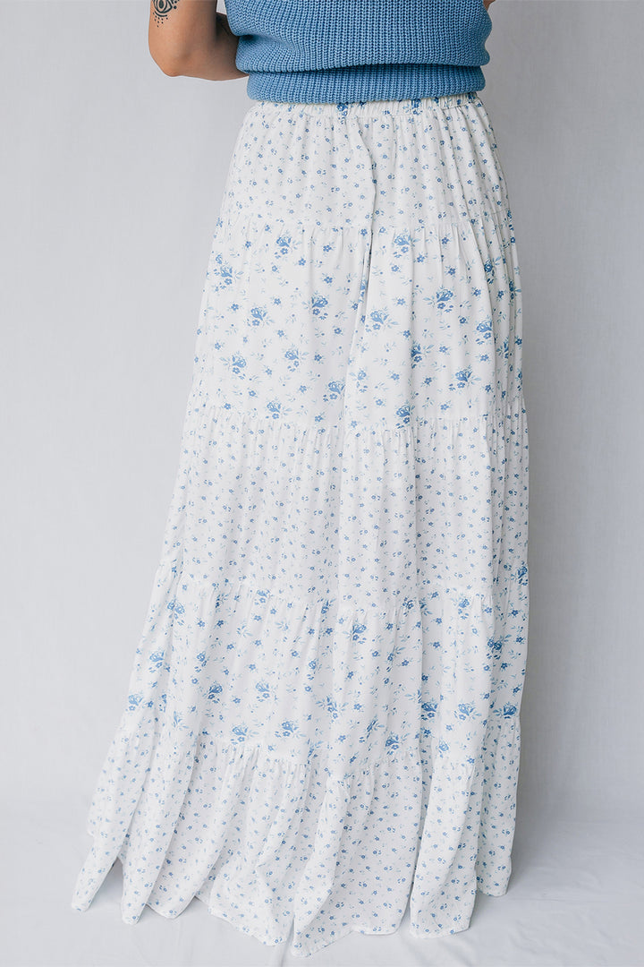 Chic Sky Blue High Waist Tiny Floral Print Boho Maxi Skirt