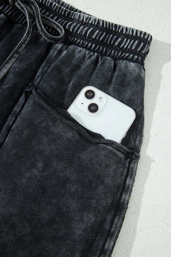 Black Raw Seam Drawstring Elastic Waist Barrel Pants