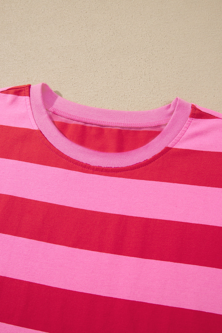 Rose Stripe Cuffed Short Sleeve Casual T Shirt Long Dress