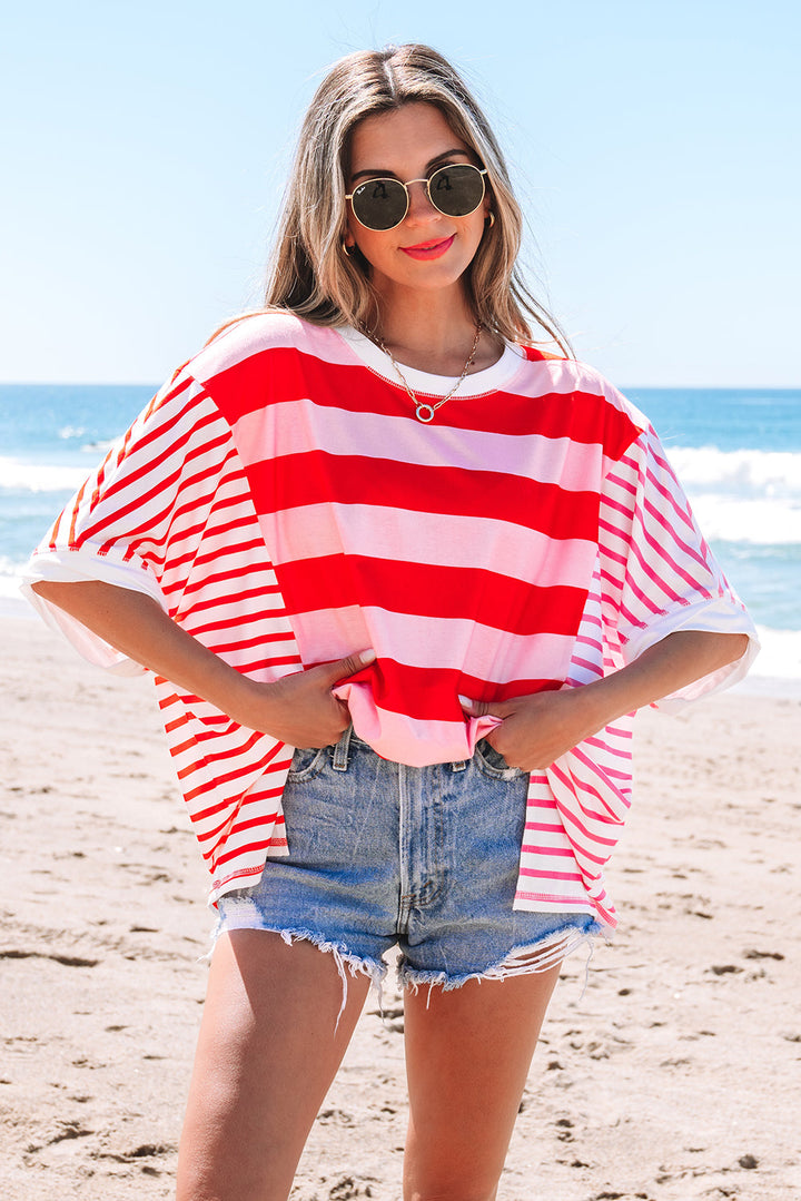 Patchwork Round Neck Side Split Loose T Shirt