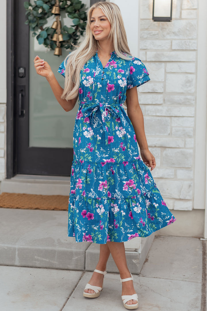 Floral Flutter Sleeve Button Tie Split Neck Belted Long Dress