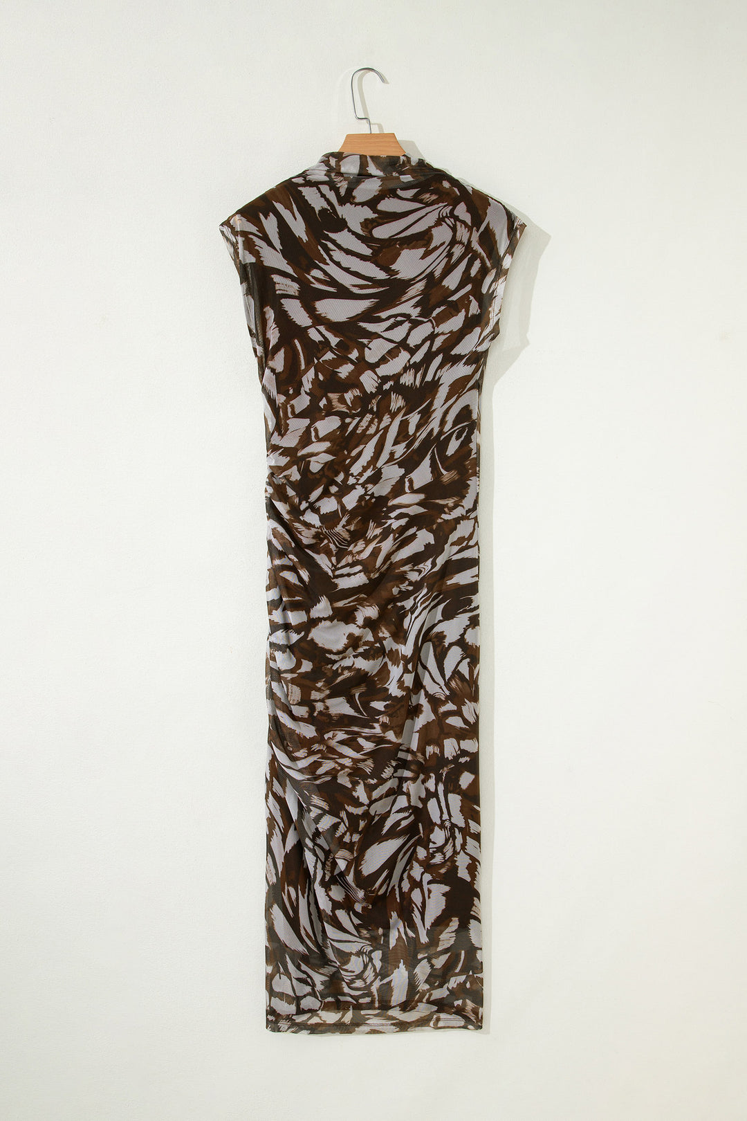 Abstract Print Mesh Cowl Neck Cap Sleeve Ruched Midi Dress with Slit