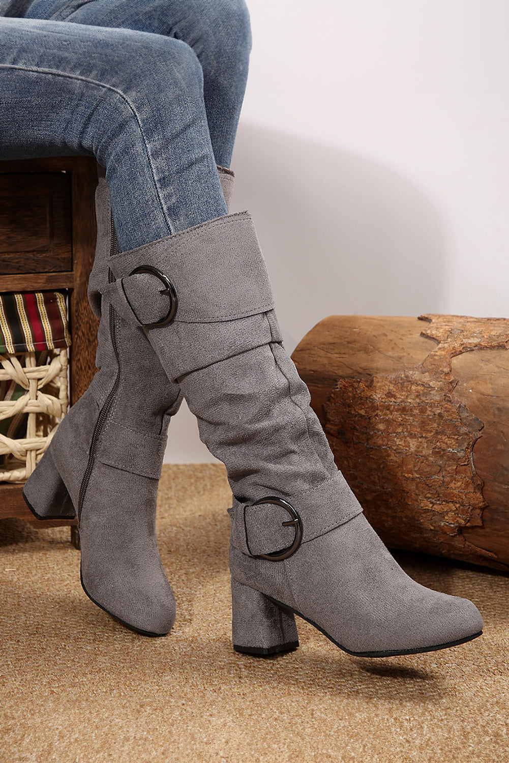 Suede Double Buckled Side Zipped Mid-calf Boots