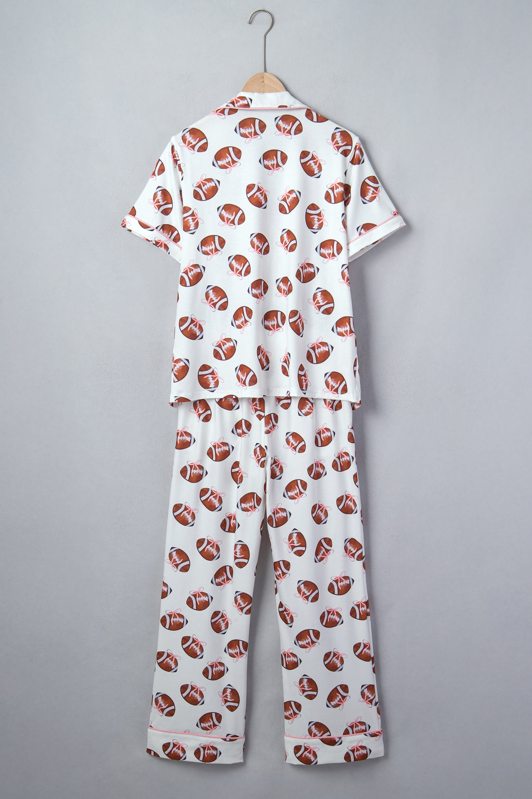 White Rugby Print Short Sleeve Button Down Top Loose Pants Game Day Pajama Set