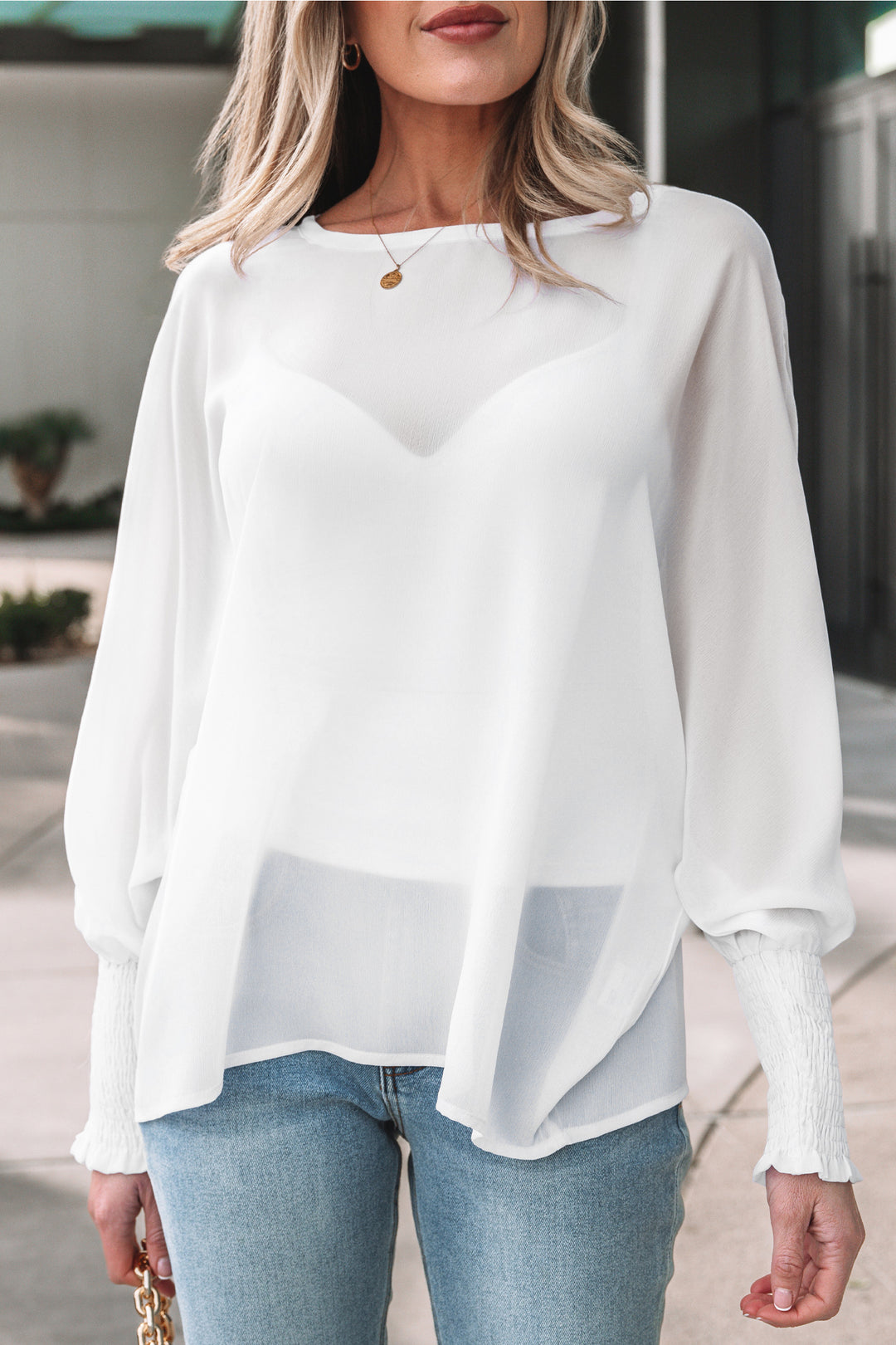 Smocked Cuffs Semi Sheer Long Sleeve Dolman Blouse