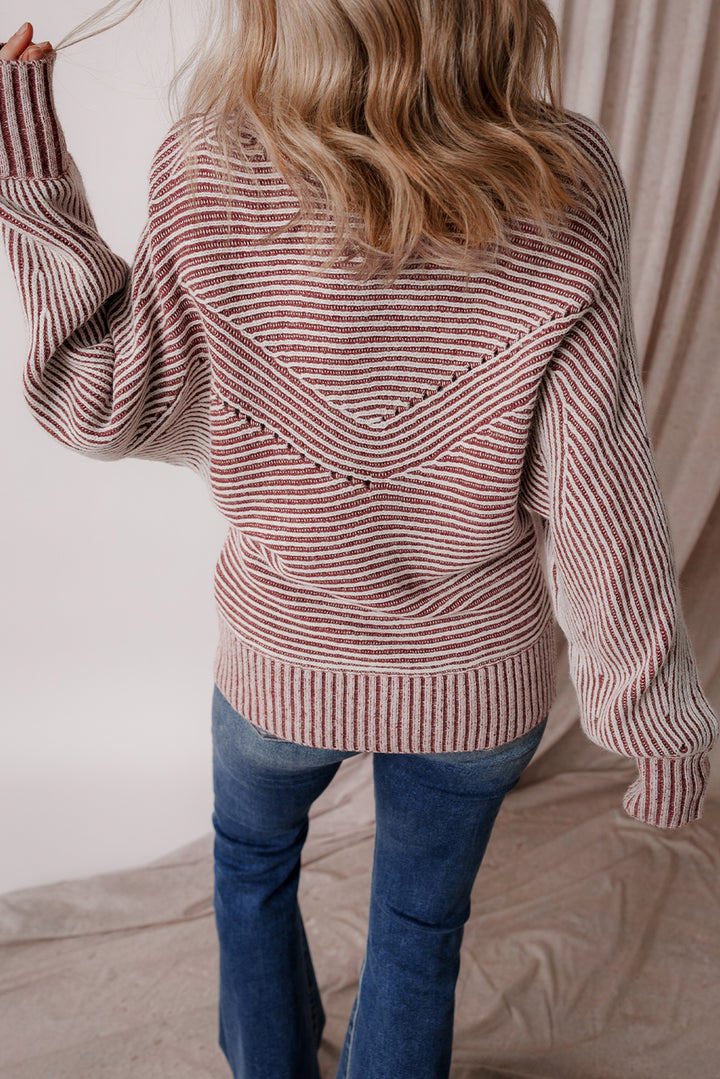 Striped Print Ribbed Knit Boat Neck Baggy Sweater