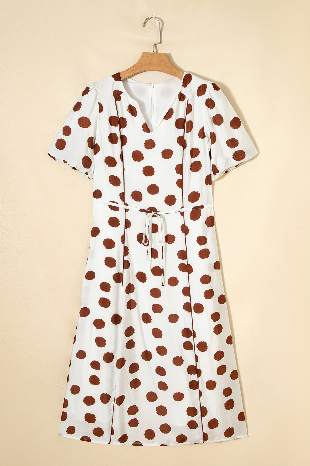 White Polka Dot Printed V Neck Short Sleeve Tie Waist Midi Dress
