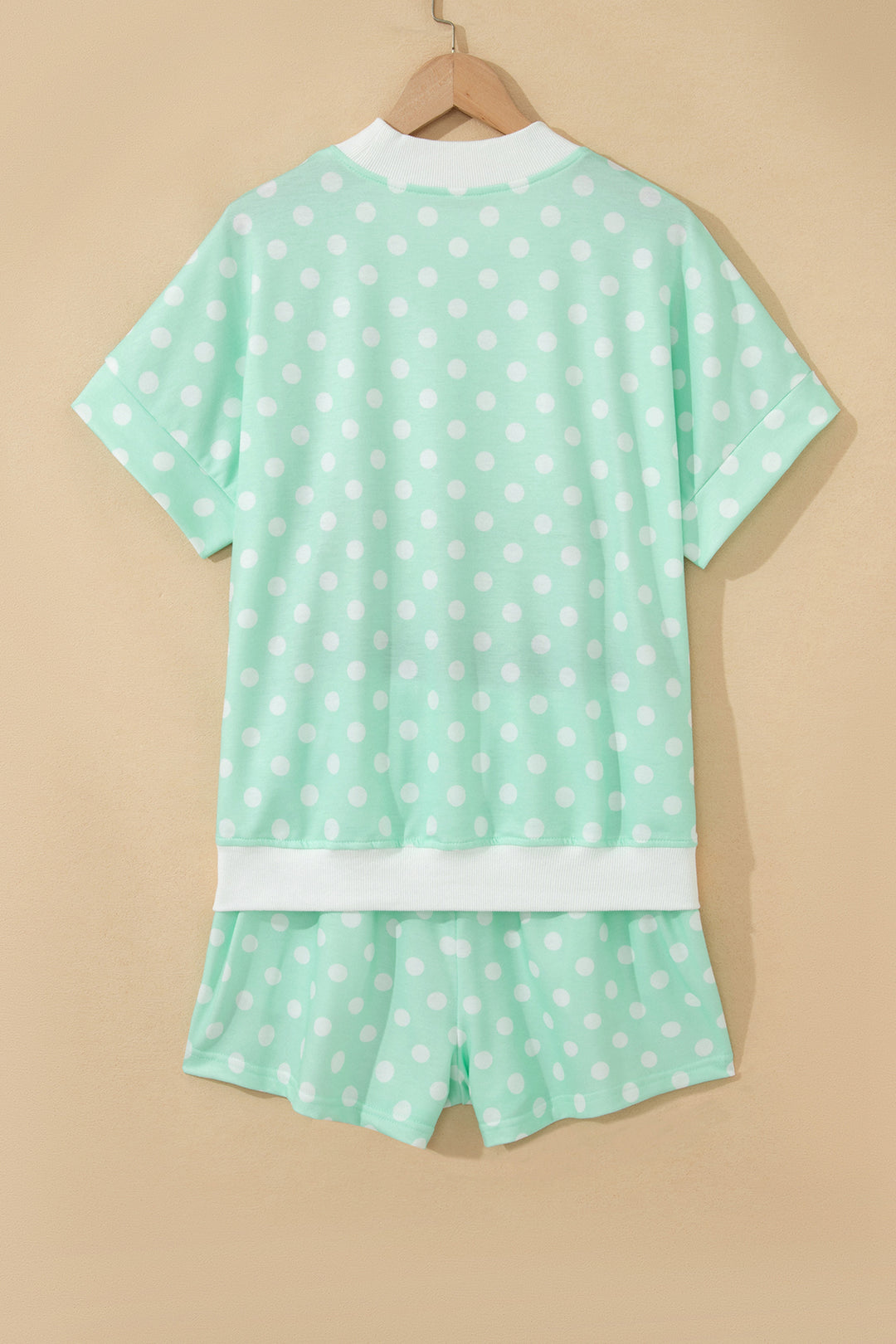 Green Polka Dot Print Color Block Trim Mock Neck Short Set