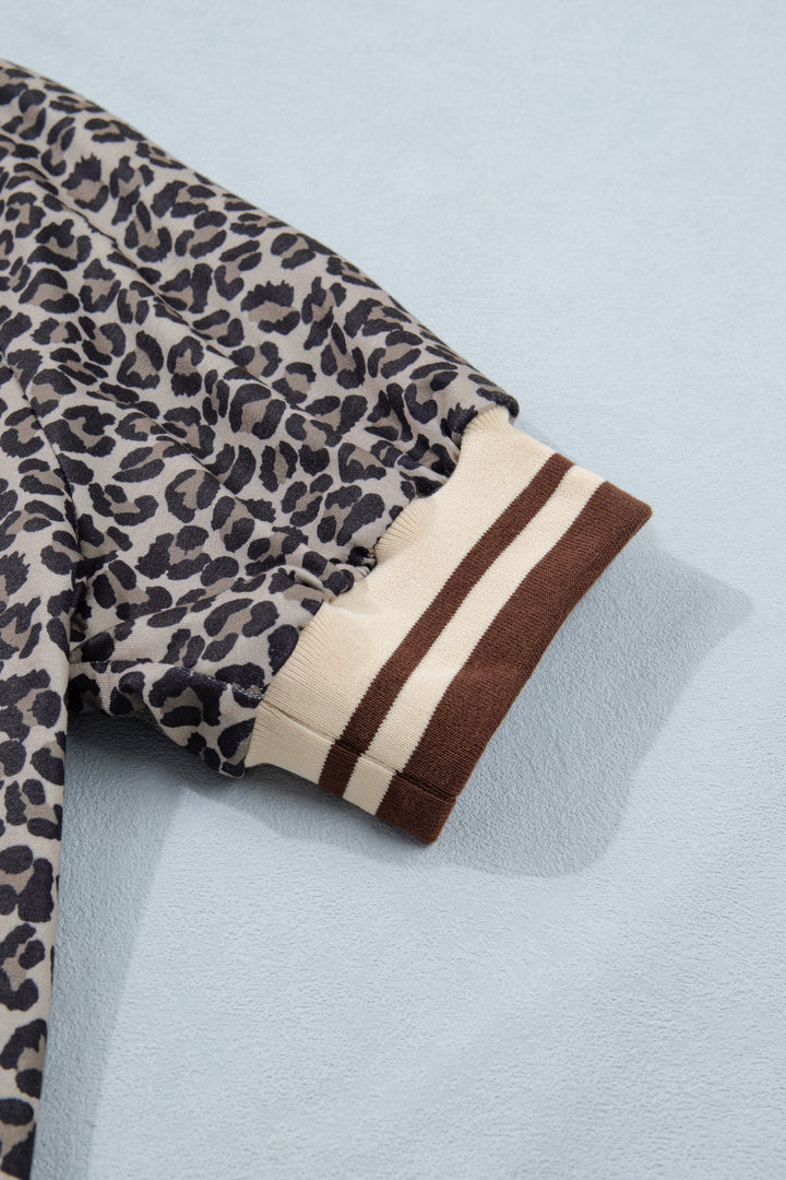 Leopard Print Half Zip Striped Trim Patchwork Short Sleeve Top