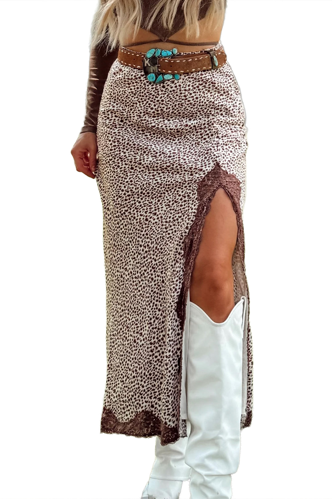 Fashion Brown Cheetah Print Trim Split Long Western Skirt