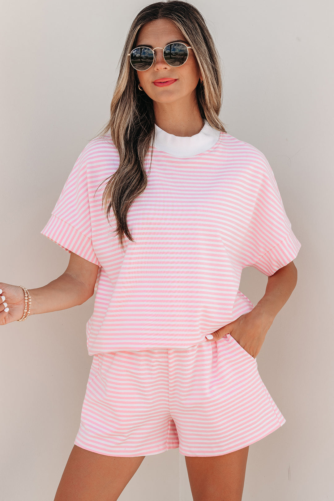 Pink Stripe Cuffed Sleeve Contrast Mock Neck Tee Casual 2pcs Short Set