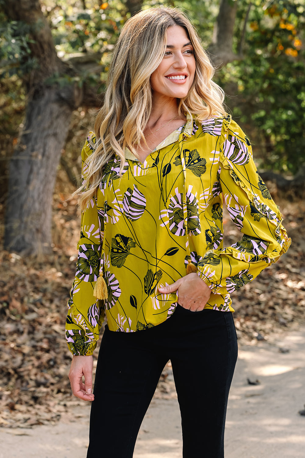 Vintage Floral V Neck Ruffle Trim Long Sleeve Blouse