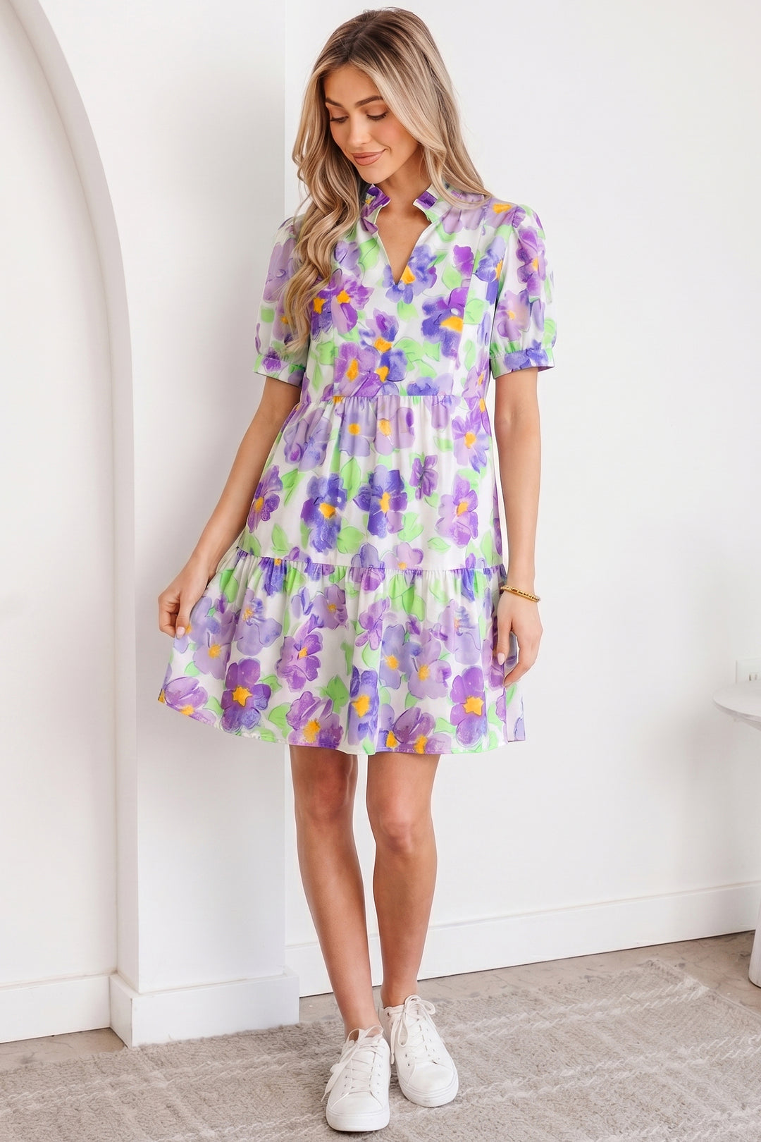 Purple Floral V Collar Short Sleeve Tiered Ruffle Mini Dress