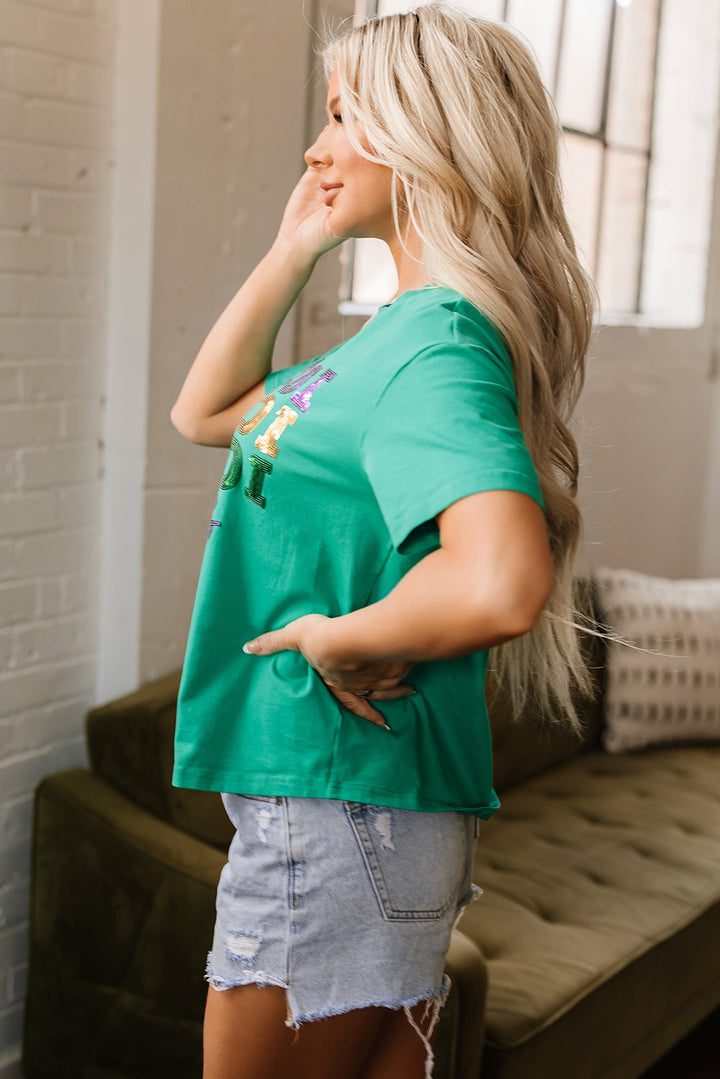 Sequin Mardi Gras Letter Graphic T Shirt