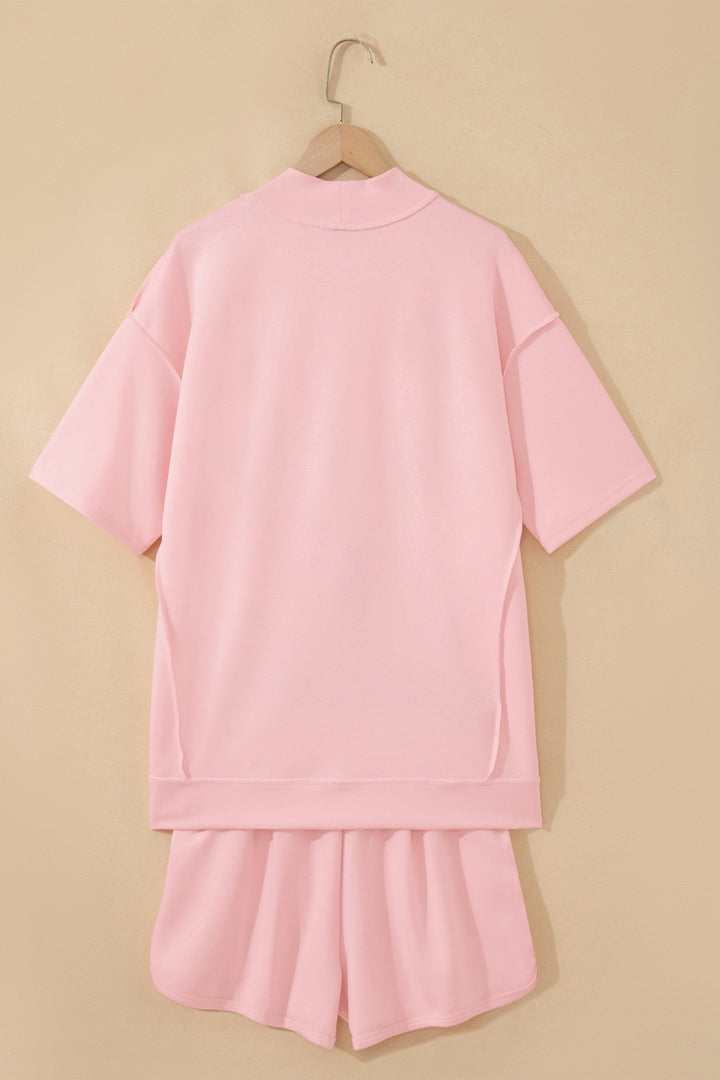 Light Pink Solid Color Exposed Seam Mock Neck Oversize Tee Casual Shorts 2pcs Outfit