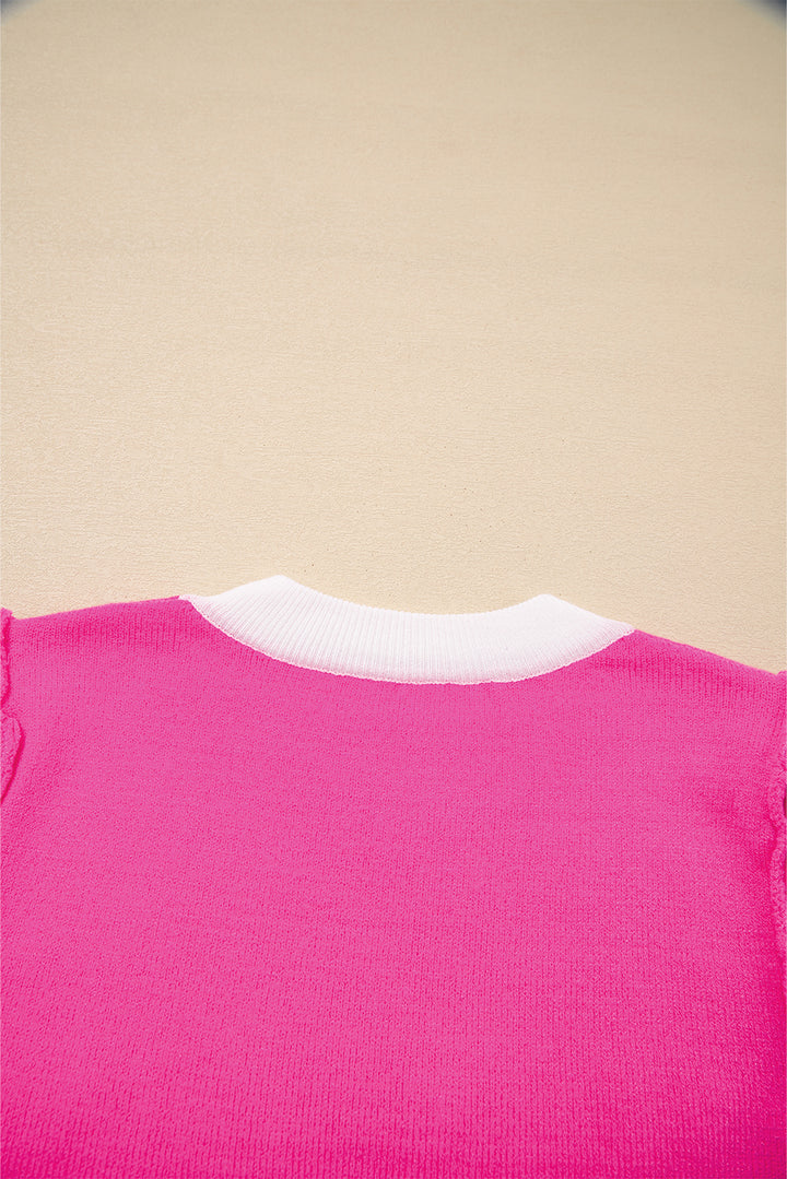 XOXO Embroidered Graphic Valentines Contrast Trim Crew Neck Short Puff Sleeve Sweater Tee