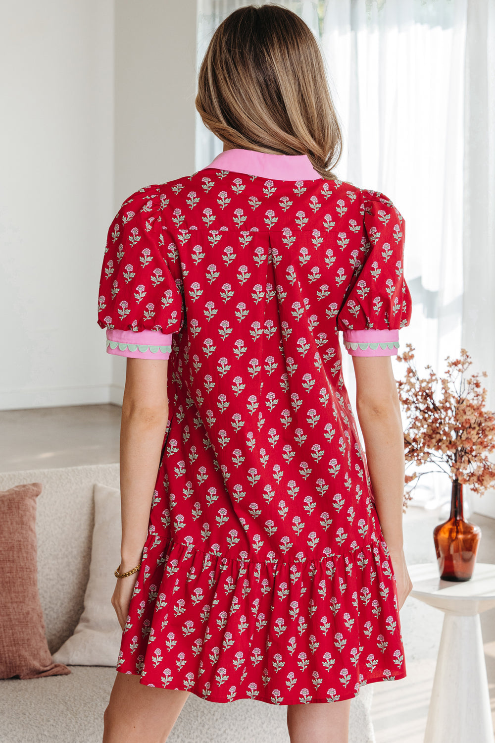 Floral Print Contrasted V Neck Short Bubble Sleeve Mini Dress