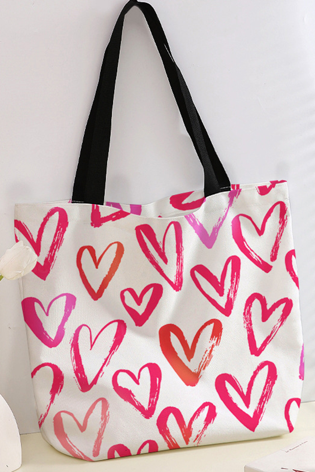 Heart Shape Print Canvas Large Tote Bag