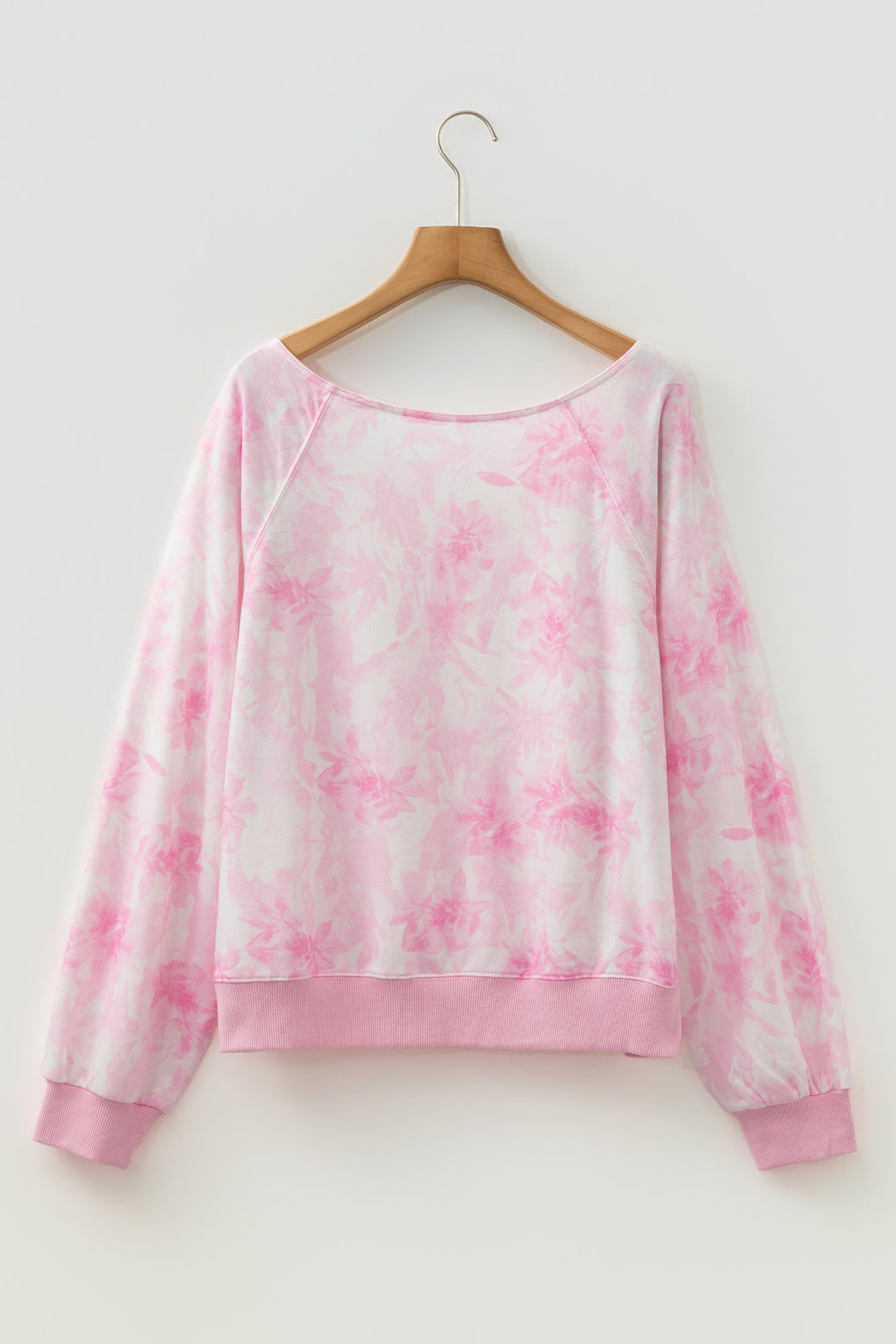 Pink Abstract Woodland Print Asymmetric Shoulder Long Sleeve Top