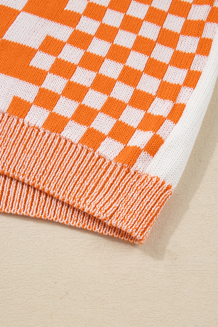 Orange Plus Size Checkered Bubble Sleeve Drop Shoulder Open Cardigan