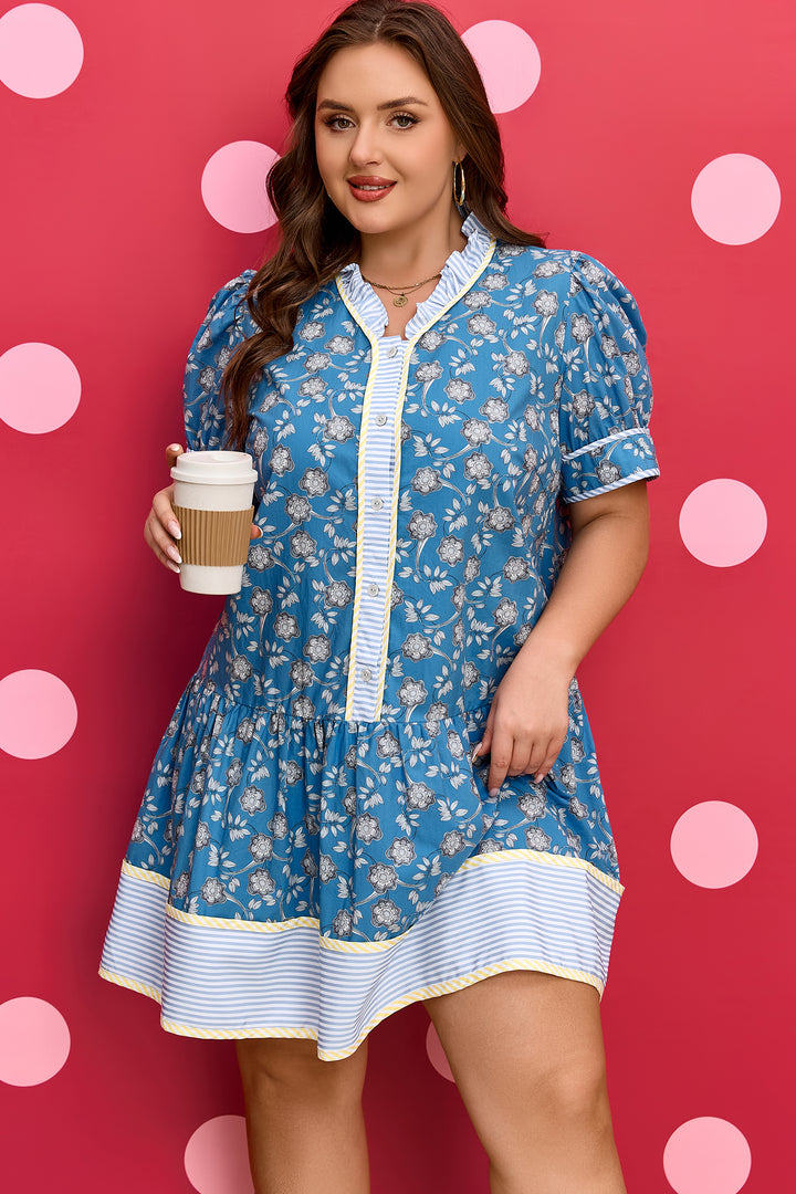 Blue Plus Size Floral Print Striped Patchwork Detail Button Front Ruffle Hem Dress