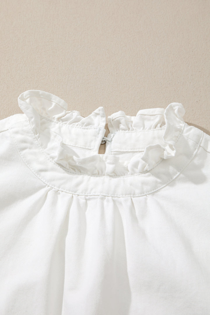 White Frilled Collar Flutter Sleeve Denim Top
