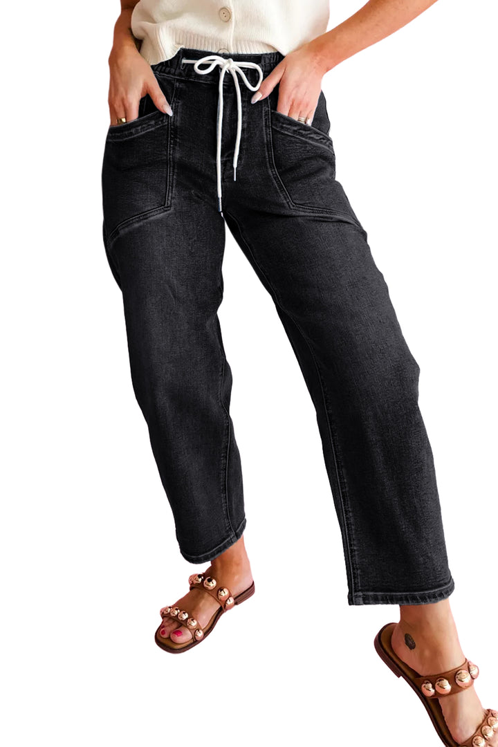 Black Drawstring Waist Ankle Length Casual Jeans Regular Fit Pocket Detail Denim Pants