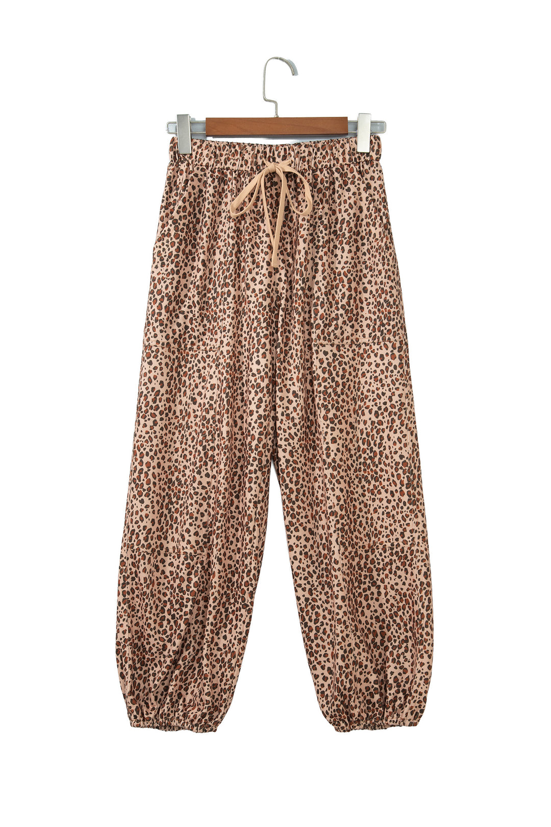 Khaki Leopard Print Drawstring Waist Patch Pockets Pants