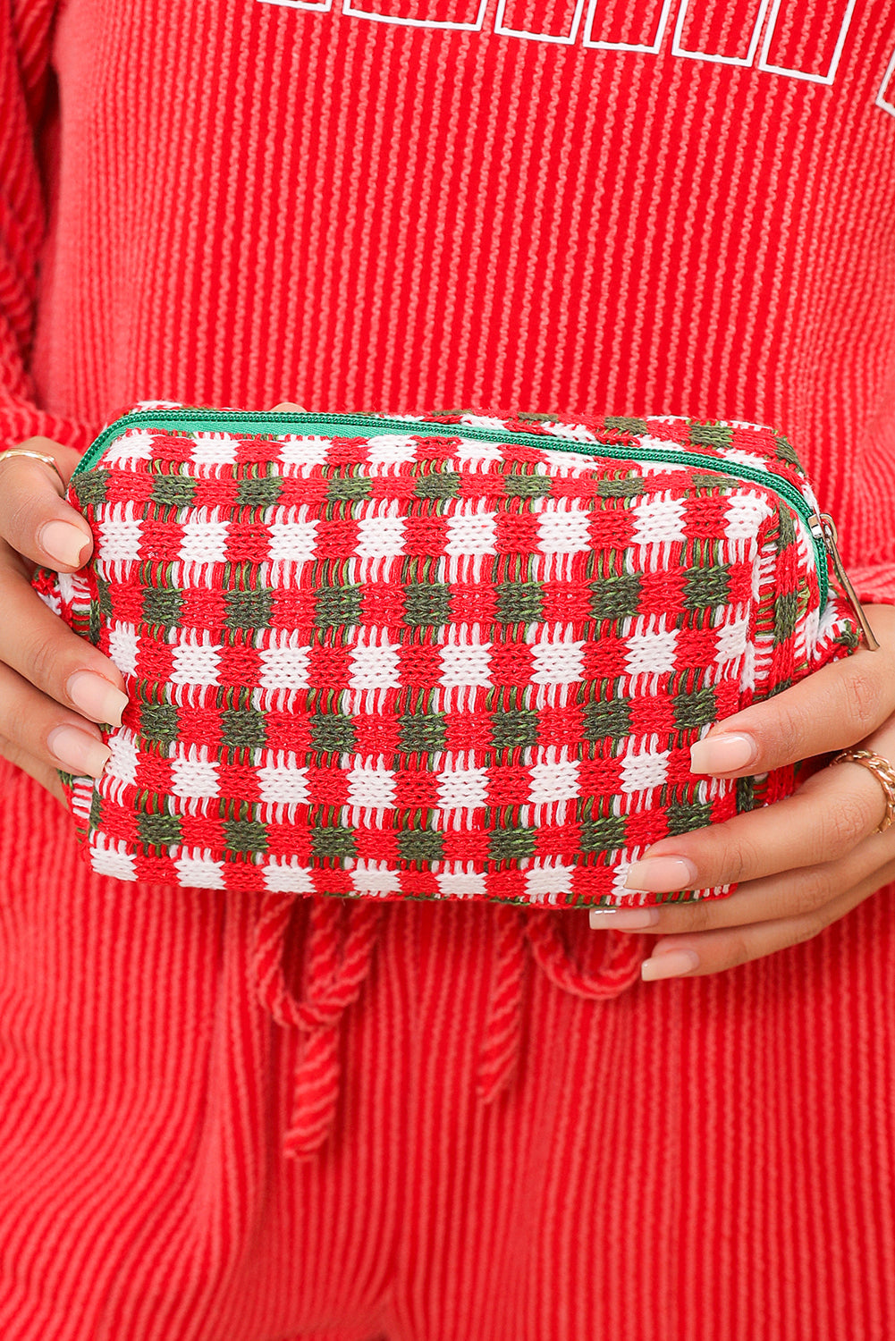 Trousse de maquillage carrée à fermeture éclair au crochet style Noël